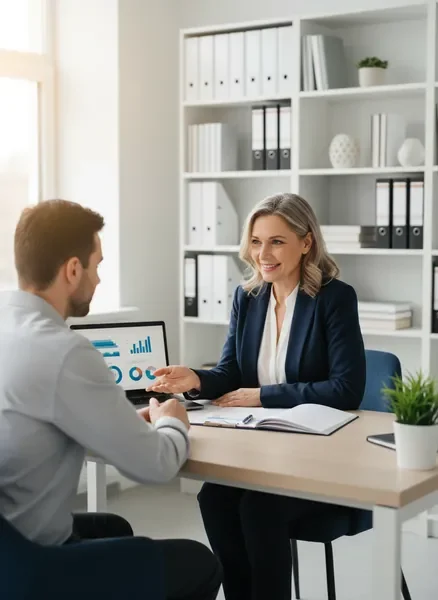 יועץ ביטוח מקצועי בפגישת ייעוץ עם לקוח במשרד נויה סוכנות לביטוח