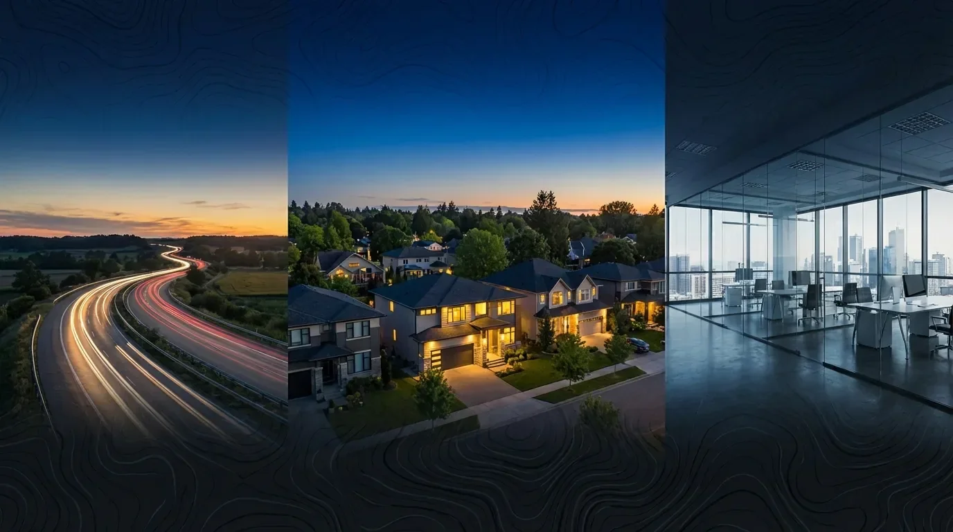 נוף מורכב של כביש, שכונת מגורים ומשרד מודרני – עולם הביטוח של נויה